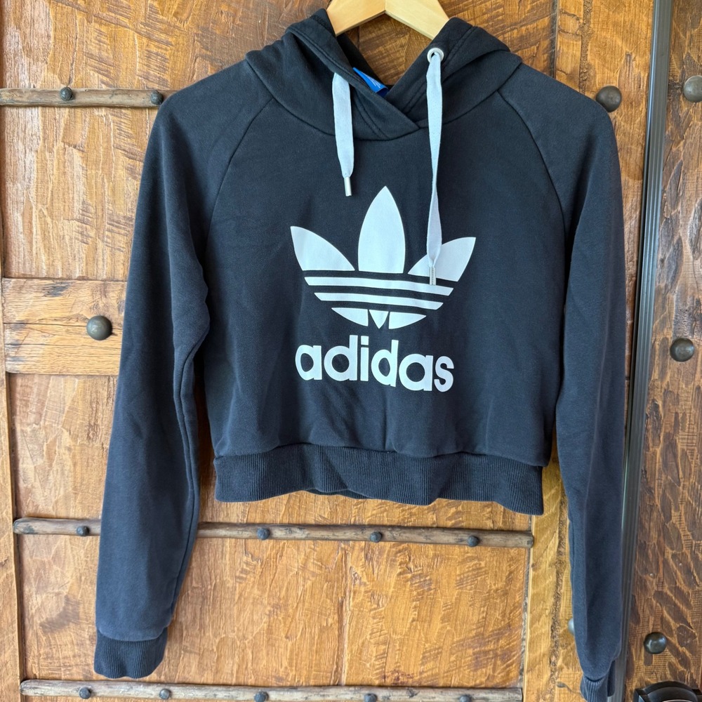 Adidas Hoodie Kids Black Cotton Cropped Trefoil Logo Raglan Pullover Sweatshirt